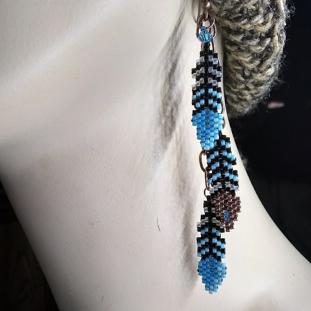 Beaded Handmade Turquoise Feather Long Earrings - Picture 5 of 6